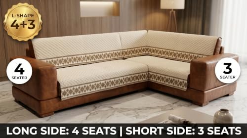 Image of KINGLY L-Shape Sofa Cover 7 Seater 4+3 Velvet Full Cover - Cream Beige | Fully covered quilted velvet slipcover, washable anti-slip furniture protector, L-type corner sofa cover for living room