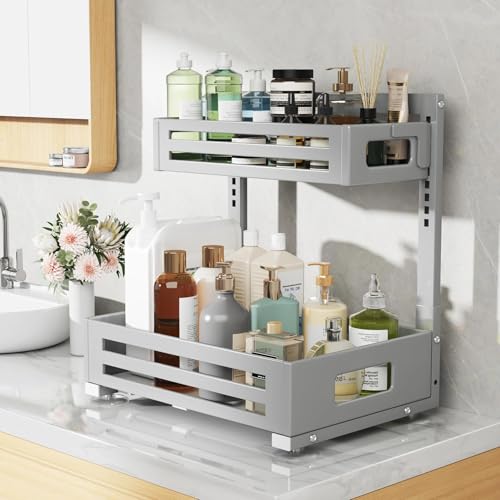 Image of 2 Pack Under Sink Organizer,Pull Out Cabinet Organizer With Smooth Cylindrical Rail,Metal Slide Out Drawer for Kitchen Bathroom Laundry Cabinet,8-Level Tool Free Height Adjustable-Gun Gray
