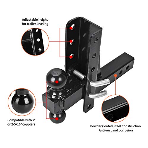 Yitamotor Adjustable Trailer Hitch Ball Mount, Fits 2’’ Receiver, 8’’ Drop/Rise With 2’’ & 2 5/16’’ Dual Balls, 10,000 Lbs Capacity (2’’ Shank, Black Powder Coated Steel) #TOP2