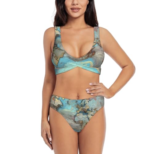 WBQLSL Traje de baño sexy de dos piezas con estampado de mapamundi de dibujos animados para mujer, Negro, XXL
