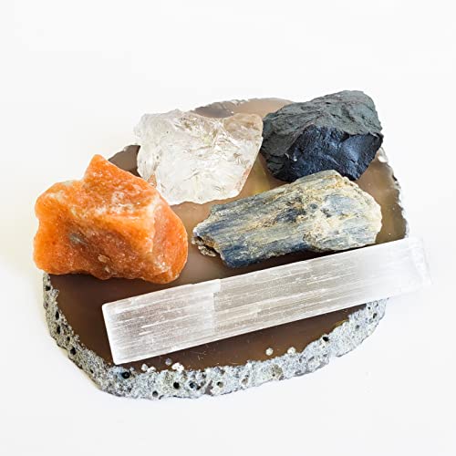 Conjunto Espiritualidade com 5 Pedras Brutas Mistas Na Base Ágata Natural, Calcita Laranja, Cianita