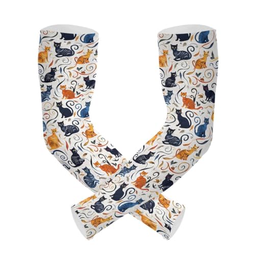 ALAZA Cat Kitten White Floral Gardening Sleeves Cooling Arm Sleeves Sun Protection Thumb Hole Arm Covers for Women Men
