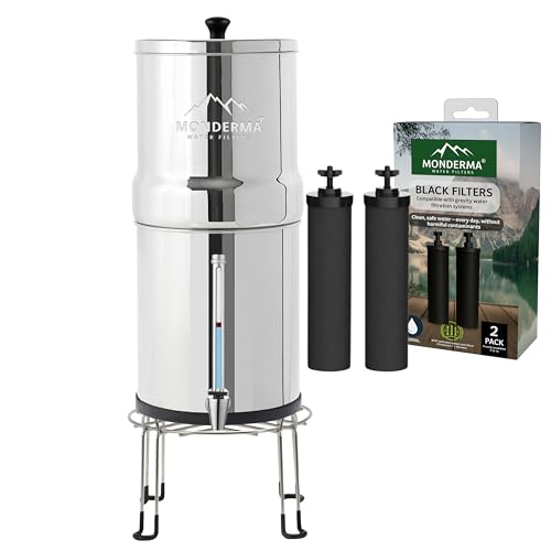 Monderma Fontaine à Eau par Gravité, 5.6L, Acier Inoxydable AISI 304, Inclus 2 Filtres Black Filters,Purification par Charbon Actif NSF/ANSI 42, 1 Robinet INOX avec Vue,1 Base de rehaussement.