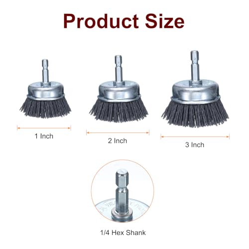 Image of HARFINGTON 3pcs Nylon Filament Wire Wheel Cup Brush for Drill, Abrasive Brushes Set with 1 /4 inch Hex Shank, 1 inch,2 inch,3 inch, Used for Rust /Corrosion /Paint Removal and Scrub Surface