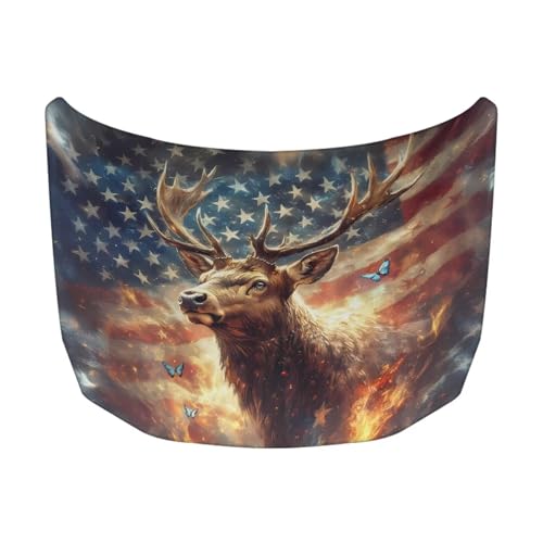 Image of 39x59 Inch American Flag Deer Design Cover for Car Hood, Elastic Polyester Waterproof Car Hood Cover Universal Car Exterior Accessories Easy Install for Car Hood Protection