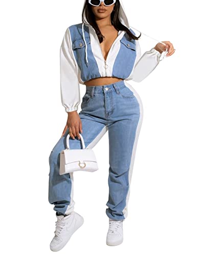 Two Piece Outfits For Women Sweatsuits Set Fall Winter - Women 2 Piece Workout Sets Long Sleeve Casual Denim Hoodie Sweatshirt Crop Top Bodycon Long Pants Set Sports Tracksuits With Pockets White, Xxl #TOP15