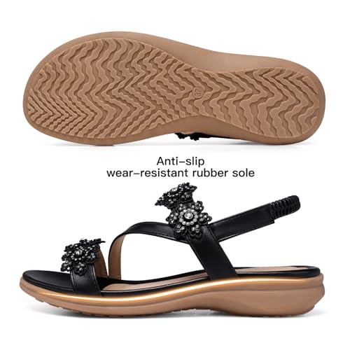 Image of TEMOFON Sandals for Women Flat Dressy Summer Flower Sandals with Ankle Strap Comfortable Casual Walking Flat Sandals Size 5-11