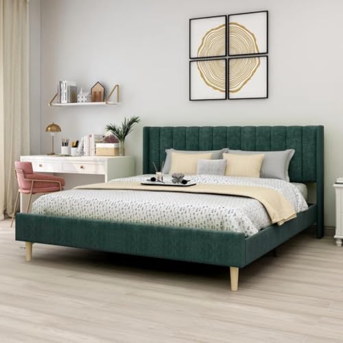 Image of Low Profile Upholstered Platform Bed with Winback Headboard | Bed King Size | Bed Without Storage | Upholstered Beds King Size | Mattress not Included | Green