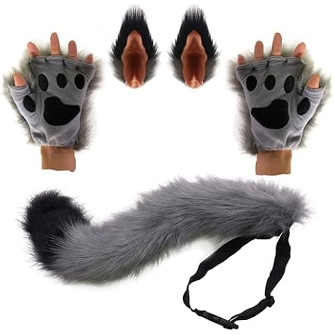 Wolf Fuchs Schwanz Clip Ohren und Handschuhe Set Halloween Weihnachten Fancy Party Kostüm Spielzeug Geschenk für Kinder oder Erwachsene Cover