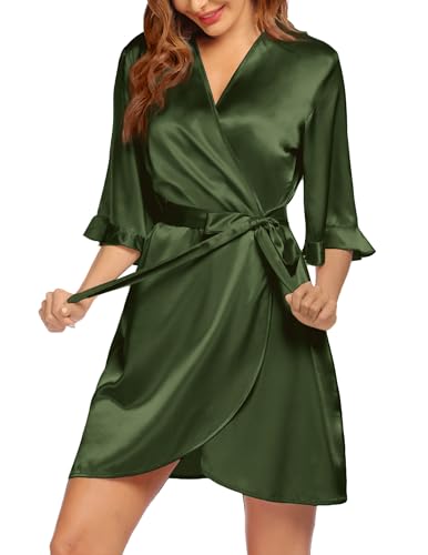 Image of Ekouaer Women's Satin Robe Valentines Lingerie for Women Kimono Bathrobe Short Ruffle Belted Robes Bridesmaids Sleepwear