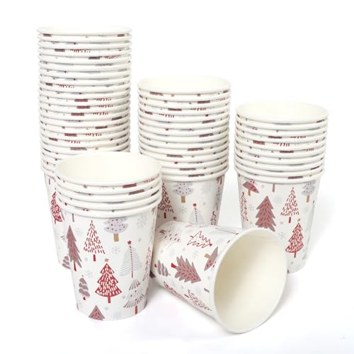 PARTY GO Copos de Natal, 60 unidades copos descartáveis, 9 oz padrão de árvore de Natal branca, para bebidas frias e quentes, ideais para festas natalícias