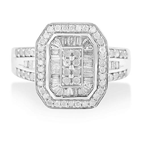 Original Classics .925 Sterling Silver 1.0 Cttw Round and Baguette Cut Diamond Elongated Octagon Shaped Cocktail Ring (H-I Color, I2-I3 Clarity) - Size 6