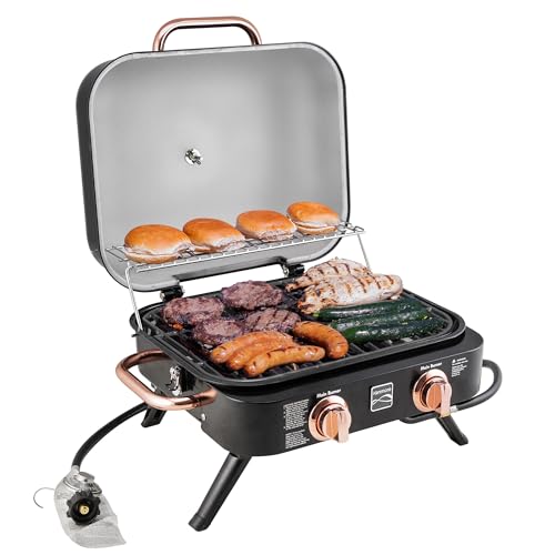 Kenmore 2-Burner Portable Gas Grill, Tabletop BBQ Grill with Warming Rack, Foldable Legs, Stainless Steel Burners, Fits 5 & 20 lb Propane Tanks, Ideal for Camping & Tailgating, Black & Copper -  KT-R40003-BC