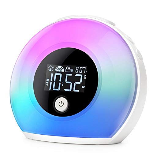 Confozen Réveil Lumineux avec Enceinte Bluetooth 5.0, Veilleuse 5 Couleurs, Écran LCD, 3 Sons de la Nature, Batterie 2000mAh, Blanc