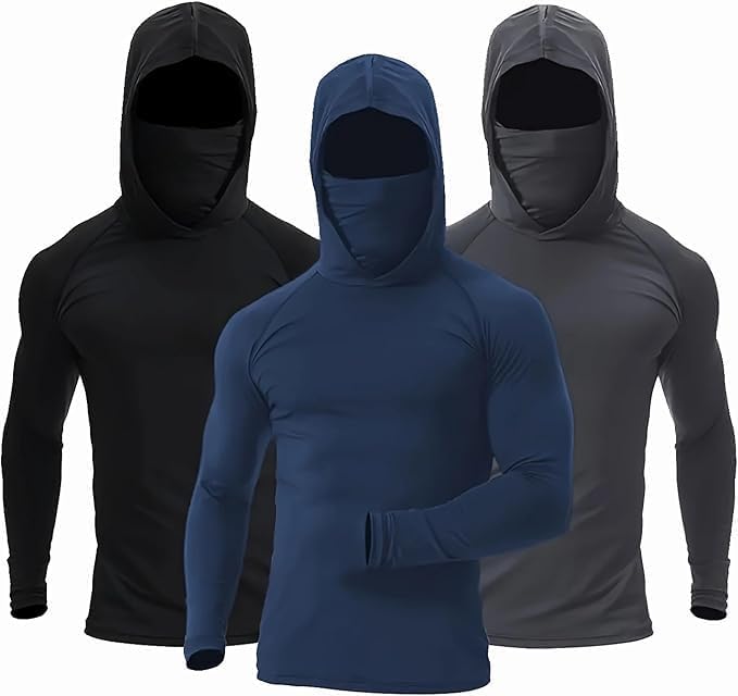 3-Piece Athletic Hooded Shirts Set, Long Sleeve Performance Tops with Built-in Face Cover, Black Navy Gray