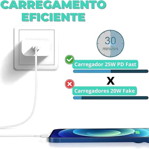 Carregador iPhone 8,X,XR,XS,11,12,13,14. 25W + Cabo Fonte Turbo Lightning Homologado Anatel Resisten