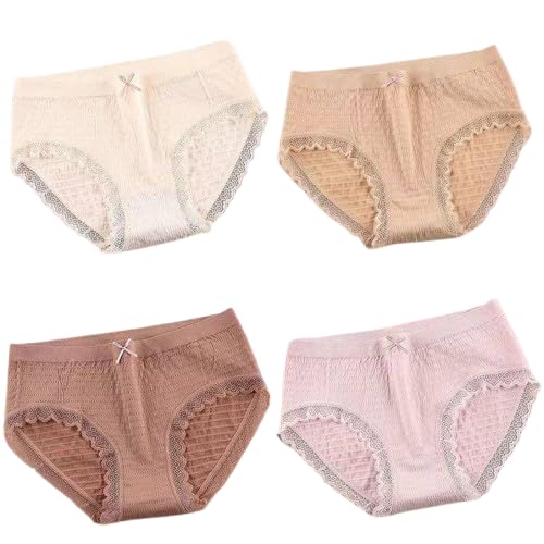 Women Cotton Panties Pack of 4 Elegant Lace Trim Mid Waist Breathable Soft Stretch Innerwear Seamless Comfort Fit Premium Underwear for Ladies Girls Skin Friendly Fabric-image-42