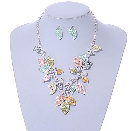 Collar de hoja esmaltada mate juego de pendientes y cadena ajustable 45 cm 2