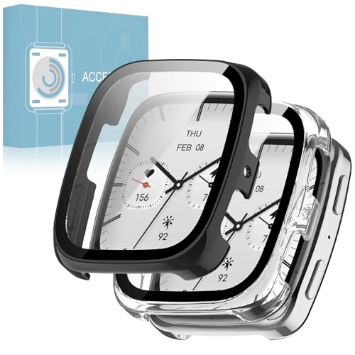 �y2���g�zFor Amazfit Active 2 Square �p �P�[�X �K���X�t�B���� ��̌^ Amazfit Active 2 Square �ی�J�o�[ �S�ʕی� �ϏՌ� �����ߗ� �w��h�~ �X�}�[�g�E�H�b�` �P�[�X (�u���b�N+�N���A�j