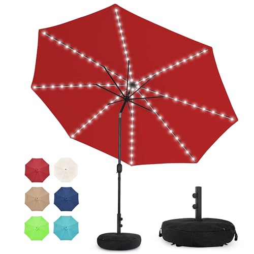 Sundale Outdoor Solar 88 LED 10 ft Patio Umbrella with Sand Bag Umbrella Base, Outdoor Umbrella with Tilt and Crank, Red