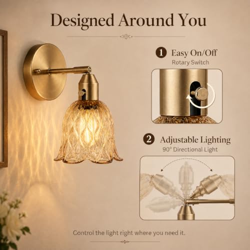 Image of Vintage Gold Wall Sconces - Hardwired Wall Mounted Light Fixtures with Clear Green Tulip Glass Lampshade, 2 Usage Methods Wall Light fixtures for Bedside Bedroom Living Room Wall Decor