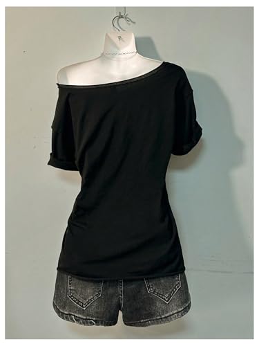 Image of RoseSeek Women's Off The Shoulder Goth Graphic Tees Short Sleeve Asymmetrical Oversized Y2K T Shirts