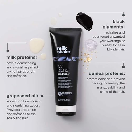 milk_shake | Icy Blond Conditioner 250 ml, Spezieller Anti-Gelb Conditioner für blondes oder gebleichtes Haar, mit schwarzem Pigment, Made in Italy