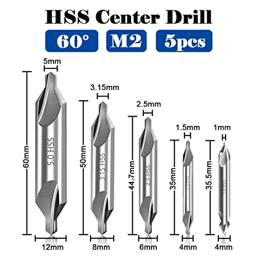 Lwcusnj 5Pcs Center Drill Bits Set, M2 High Speed Steel 60-Degree Angle Countersink Drill Bit For Lathe Metalworking,Size 1 1.5 2.5 3.15 5Mm #TOP2