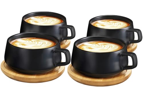 VETIN 4 Stücke Cappuccino Tassen mit Unterteller, Tasse Marmor, 300 ml Espressotassen aus Porzellan für Tee Kaffee Cappuccino, Kaffee-Tassen mit Holzscheibe (Schwarz*4)