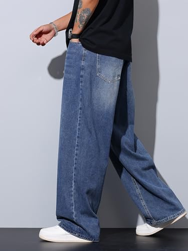 Image of AVANOVA Men's Baggy Fit Jeans- Solid Washed Denim Straight Wide-Leg | Streetwear Casual Dailywear Pants for Men | Trendy Loose-Fit Mid-Waist Denim Trousers (Jeans 247)