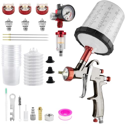 R500 Spray Gun LVLP with 650ml Mixing Cup&10 Disposable Cups, 1.3-1.5-1.7mm Nozzles Spray Paint Gun, LVLP Automotive Paint Gun for House Painting, Car, Furniture, Fence, Varnish&Top Coat