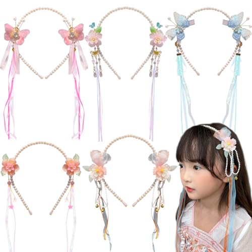 Petunny 5Pcs Chinese Hanfu Hair Crown Chinese Flower Hair Clips Long Tassel Headband for Girls Chinese Hair Accessories