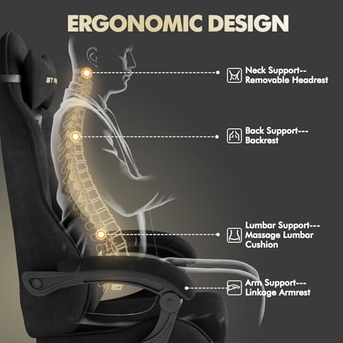Image of Gaming Chair Racing for Adult, Office Chair with Footrest Massage Lumbar Cushion, Velvet Fabric Reclining Video Game Chairs, Ergonomic Computer Chairs Height Adjustable, for Home Streaming, Black