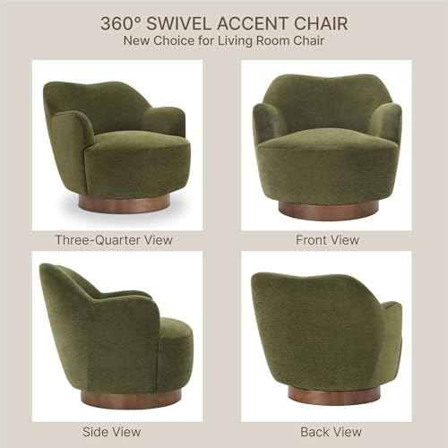 Image of KISLOT, Swivel Accent Chair, Modern Arm Chair with Wooden Base, Green | Upholstered Barrel Chair with Curves Camel Back Design, Living Room Bedroom Reading Waitingroom