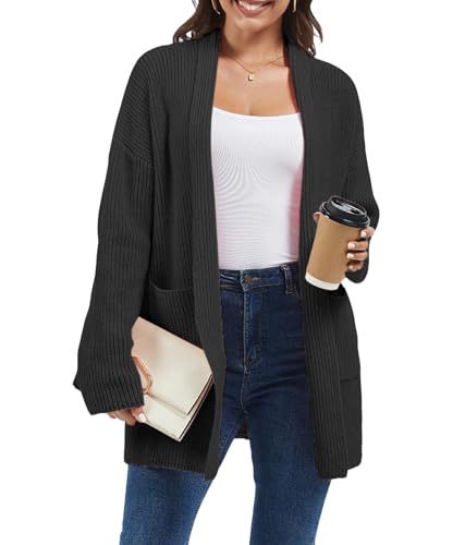 crazy bean Cárdigan Invierno Mujer Chaqueta Punto Largo Otoño Rebeca Manga Larga con Bolsillos Suéter Abierto Elegante Negro M