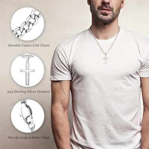 Besteel 925 Sterling Silver Cross Necklace for Men Women | 5mm 316L Stainless Steel Diamond-Cut Cuban Link Curb Chain, Beveled-Edge Religous Pendant Jewelry, 16-30'' Christian Baptism Gift2