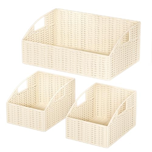 Ollieroo Rattan Storage Baskets, Handwoven Wicker Storage Bins with Built-in Handles, Storage Container Baskets for Shelves, Bedroom, Bathroom, Laundry Room or Kitchen(Beige) by Ollieroo - Used condition - US$43.69