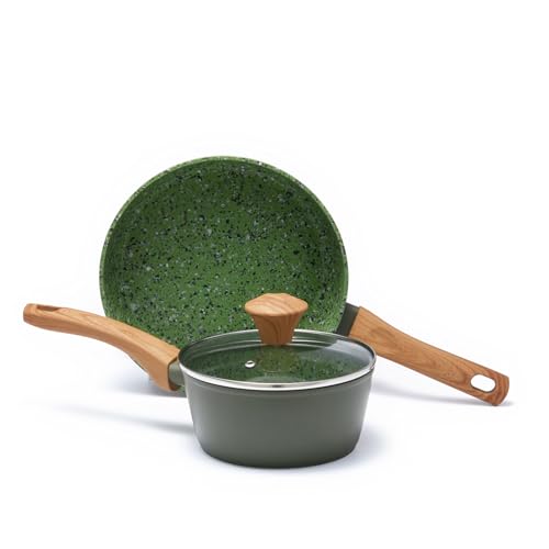 Image of 2-Piece Nonstick Cookware Set, 8.5 Inch Frying Pan & 1.43QT Saucepan with Lid, PFAS PFOA Free Non-Toxic Coating, Heavy Bottom Even Heat, Induction Compatible, Dishwasher Safe - Green