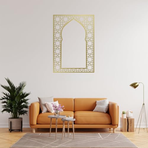 Islamic Metal Wall Art, Gold, Mosque Arch Design, Geometric Arabesque Pattern, Indoor Outdoor Decor, 11.81 x 16.54 Inch