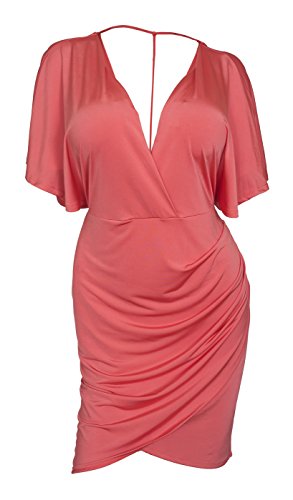 eVogues Plus size Deep V-Neck Wrap Bodice Dress Coral 18528-2X