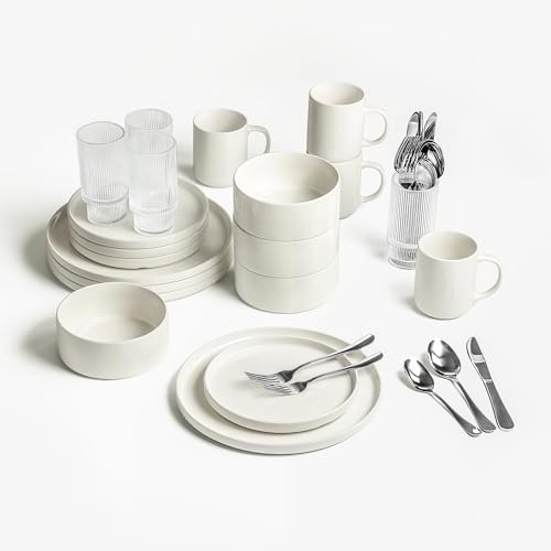 Stone Lain 40-Piece Dinnerware Set Service for 4 White Porcelain Plates Bowls & Mugs Ribbed Stackable Glassware 20 Piece Stainless Steel Flatware