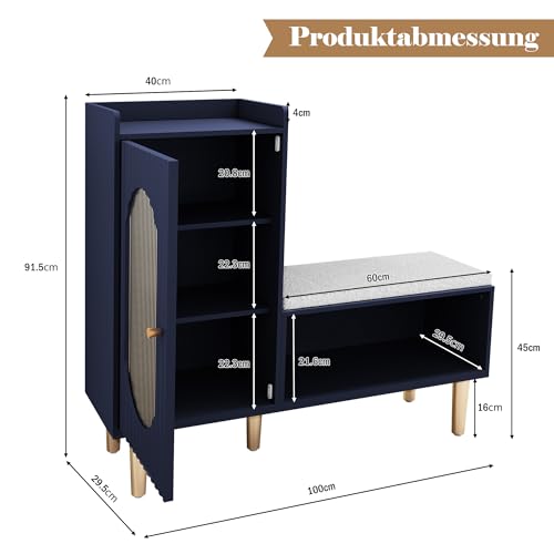 Image of HLR Storage Bench Set of 2, Blue Modern Entryway Shoe Cabinet Bench with Glass Door&Shelf, L-Shaped Storage Cabinet with Padded Seat for Hallway, Bedroom, Living Room, Office