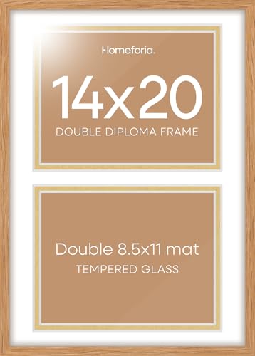 Image of Homeforia 14x20 Double Diploma Frame Wood, High End Natural Oak 14 x 20 Wooden Certificate Frame with Dual Mat for 8.5 by 11 Diplomas, 20x14 Award Graduation Frames, Tempered Glass, Wall Kit, Set of 3