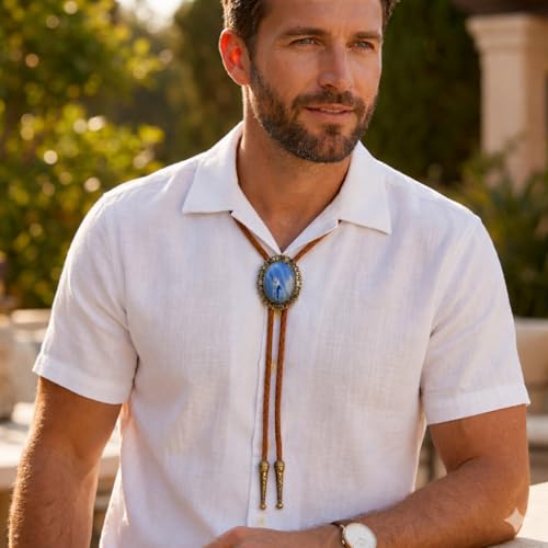 Image of Jeilwiy Bolo Tie for Men Real Stone Westwern Cowboy Ties Silver Bolos Women Leather Necktie Gift for Birthday Christmas