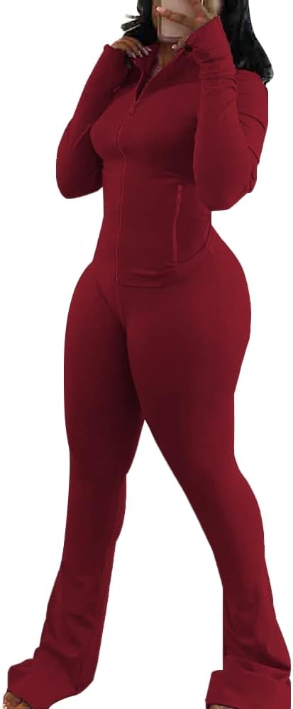 HBQ Women's 2 Piece Tracksuit Sets Long Sleeve Zip Up Crop Tops and Flare Pants Casual Workout Oufit Jogger Loungewear Set - Image 4