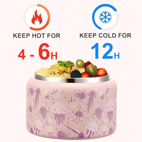 Image of JXXM 8 Oz Thermo Food Jar for Hot & Cold Food for Kids, Insulated Lunch Containers Hot Food Jar,Leak-Proof Vacuum Stainless Steel Wide Mouth Lunch Soup Thermo for School (Pink-Jellyfish)