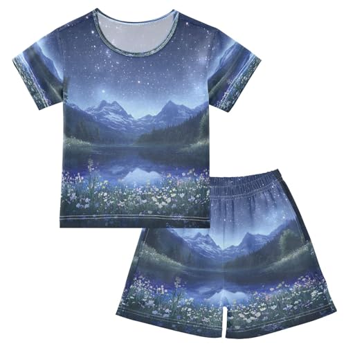 ALAZA Night View Mountain Starry Pajamas Set Short Sleeve Cotton Sleepwear Summer Pjs 2 Piece 5-14Y