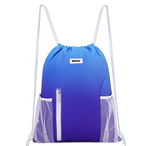 Image of WANDF Drawstring Backpack Sports Gym Sackpack with Mesh Pockets Water Resistant String Bag for Women Men (Blue)