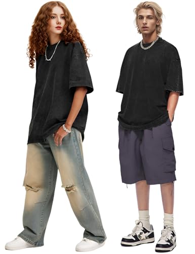 Wyeysyt 3 Pack Oversized Tshirts for Women Vintage Washed Baggy Tees Cotton Short Sleeves Acid Shirts Unisex Tops4