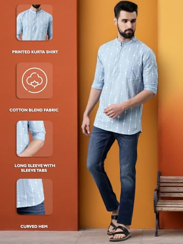 Image of Zombom Men's Cotton Polyester Blend Solid Regular Fit Full Sleeve Printed Short Kurta | Ethnic, Lightweight Summer Kurta for Daily & Occasion Use | Men's Trendy Short Kurta
